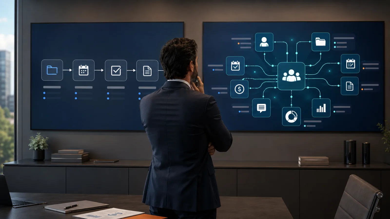 Profissionais analisando como um ERP jurídico conecta dados e inteligência artificial