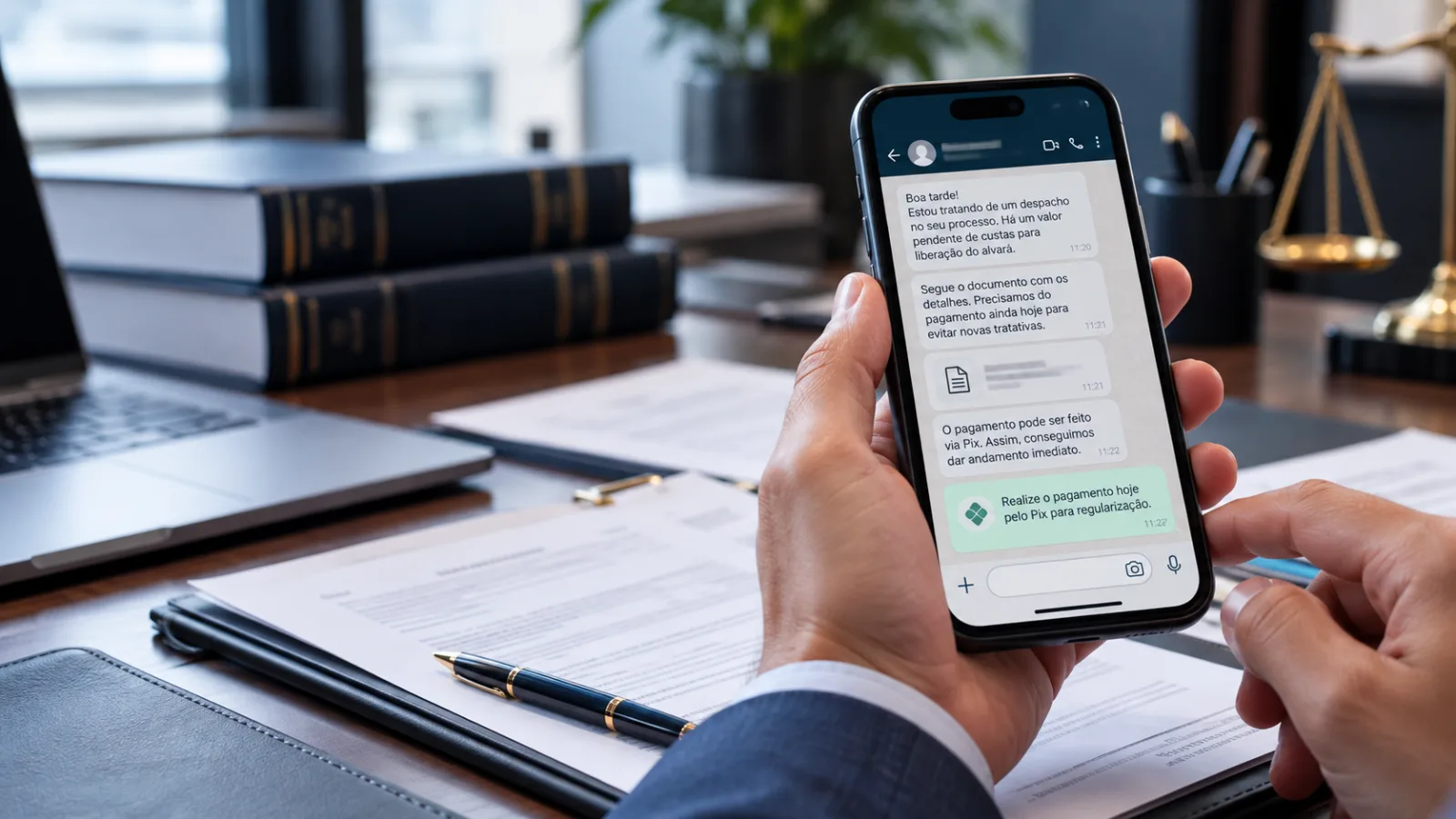 Mensagem fraudulenta no celular utiliza dados judiciais para solicitar pagamento indevido