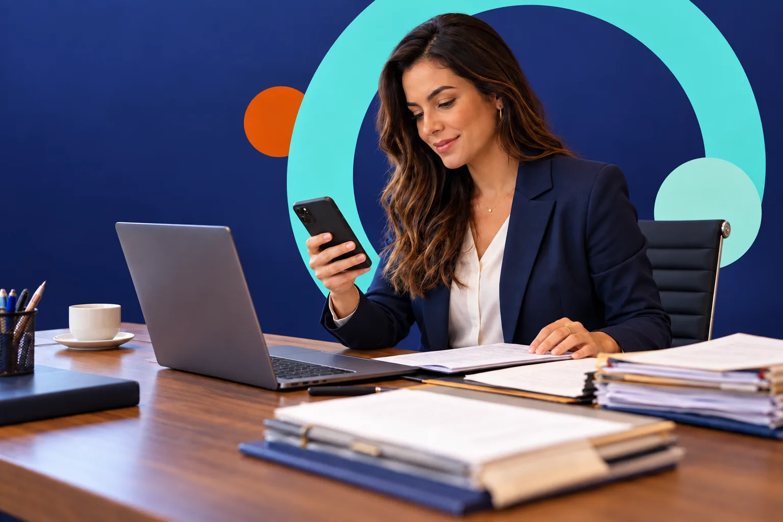 Advogada consulta o celular ao lado de documentos e notebook em seu escritório