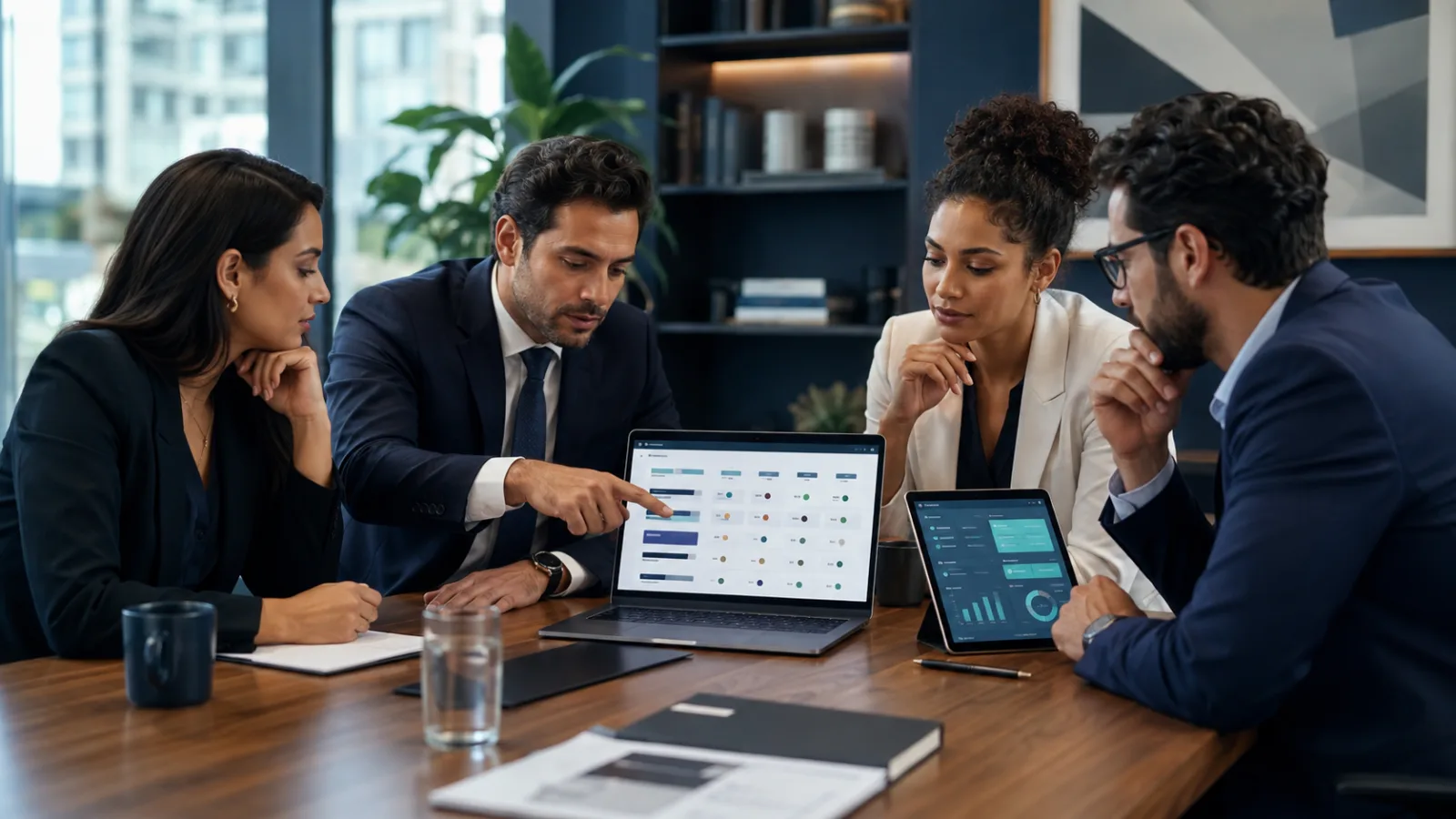 Equipe jurídica comparando sistemas de gestão em notebook e tablet antes de escolher um software jurídico