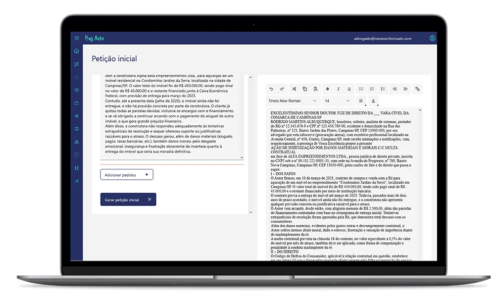 Tela de publicações e andamentos processuais no software jurídico BigAdv
